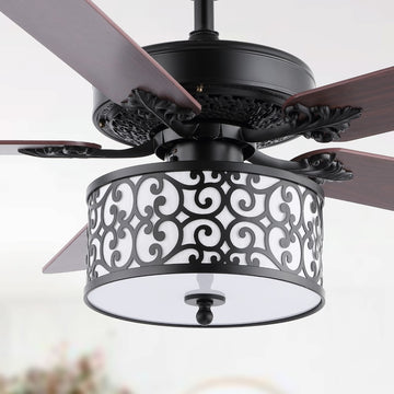 Paolo 52" Farmhouse Industrial Iron Scroll Drum Shade LED Ceiling Fan With Remote - JONATHAN Y